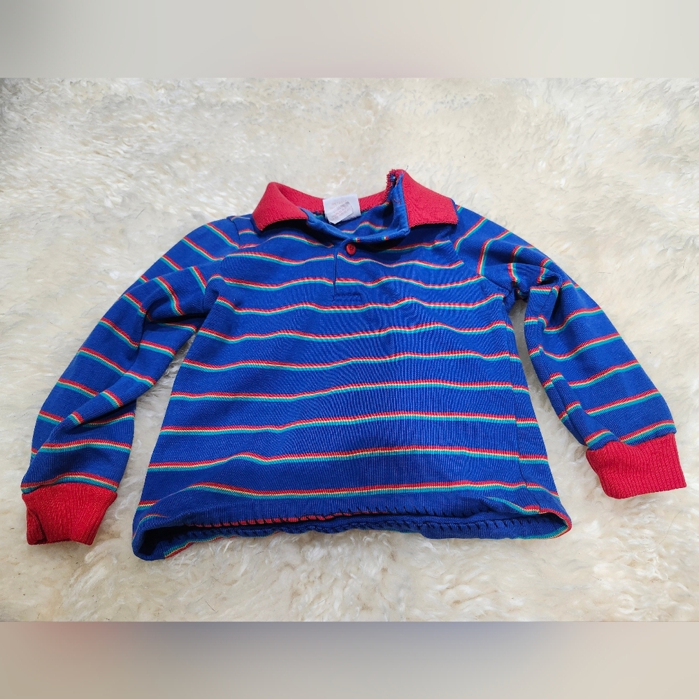 Kid Terrific Striped Blue Long-Sleeve Polo Shirt with Red Collar Size 4 Vintage